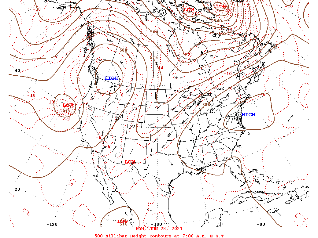 Pressure chart during the 2021 heat wave. (Credit: NOAA)