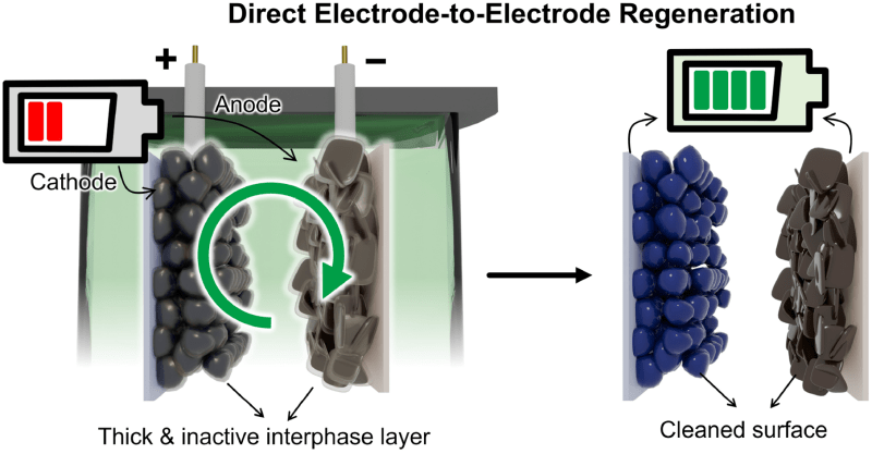 A drawing of a battery cell with gunk on the labeled anode and cathode called the "thick and inactive interphase layer." An icon of a dead battery with two red bars within a pictograph of a battery is superimposed. An arrow points to the right to a cleaner looking cell with a full battery icon with green bars inside showing the cell after regeneration.