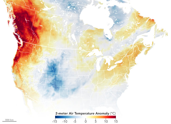 NASA Earth Observatory image of temperature anomalies on June 27th, 2021 compared to 2014-2020 average for the same day during the 2021 western North America heat wave (Credit: NASA)