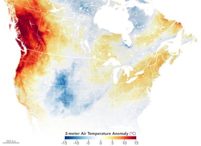 NASA Earth Observatory image of temperature anomalies on June 27th, 2021 compared to 2014-2020 average for the same day during the 2021 western North America heat wave (Credit: NASA)