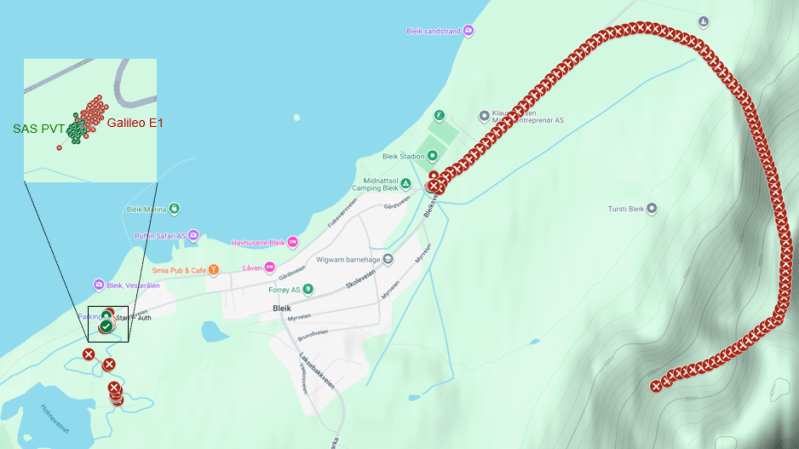 A digital map is shown with a series of red waypoints making a roughly C-shaped curve. A smaller group of green waypoints stays stationary near one of the corners of the map.