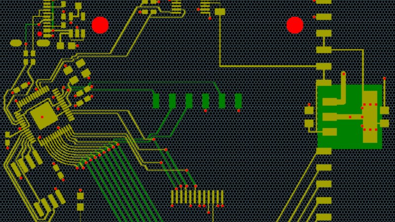 A PCB layout is superimposed on a grey grid of hexagonal cells. The PCB traces mostly bend at 120-degree angles, and an integrated circuit's footprint is tilted at an angle matching the grid.