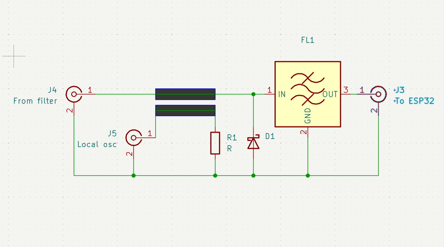 The circuit of a simple unbalanced diode mixer with a bandpass filter on its output.